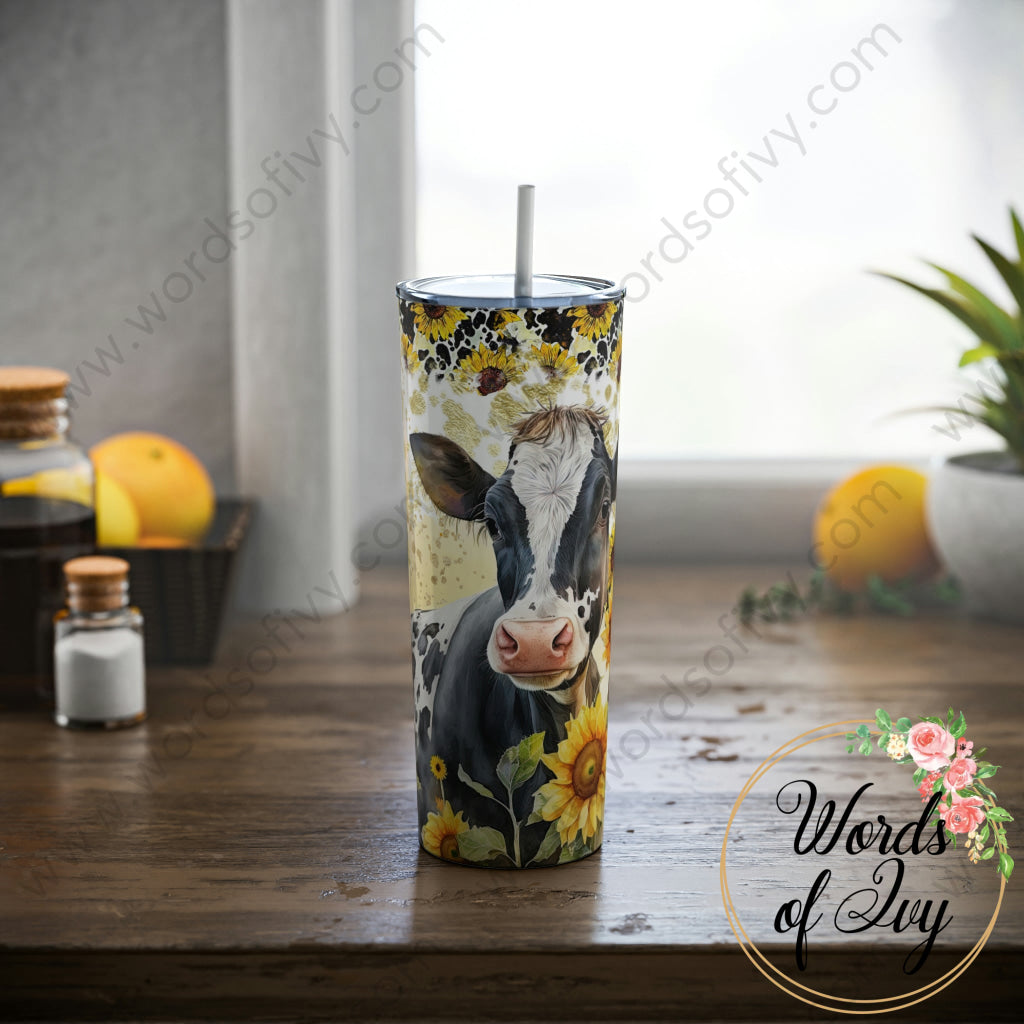 Skinny Steel Tumbler with Straw, 20oz - Cow with sunflowers 230516008 | Nauti Life Tees