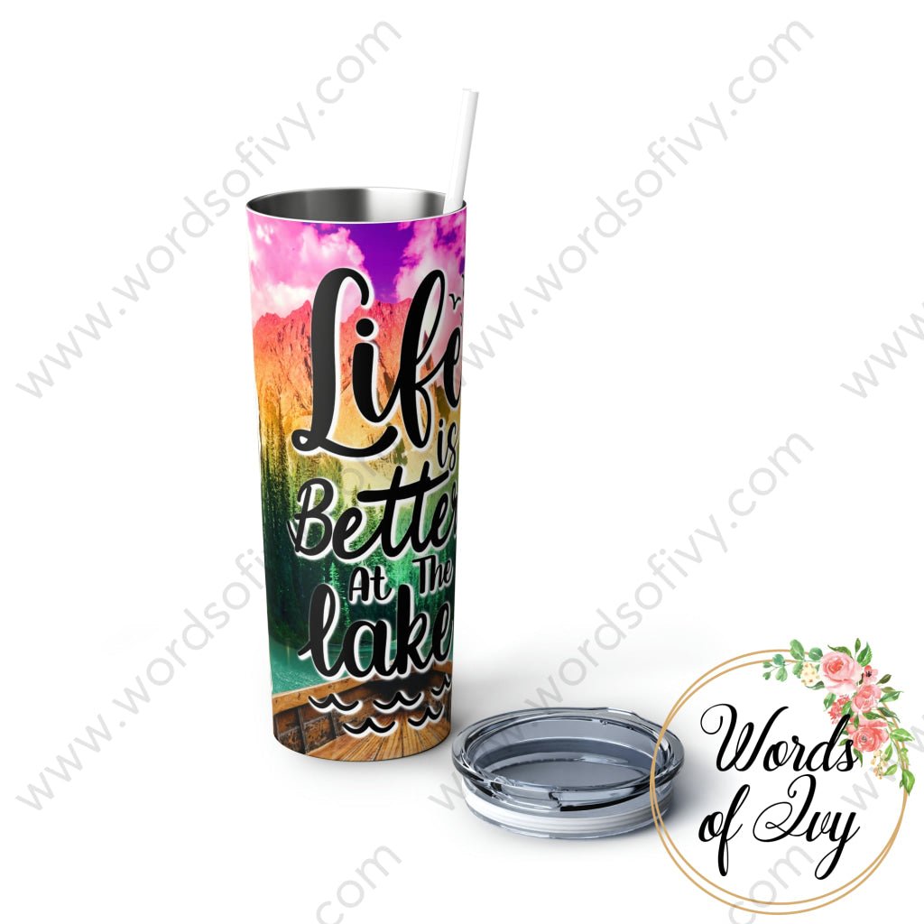 Skinny Steel Tumbler with Straw, 20oz - Life is better at the lake 230506016 | Nauti Life Tees