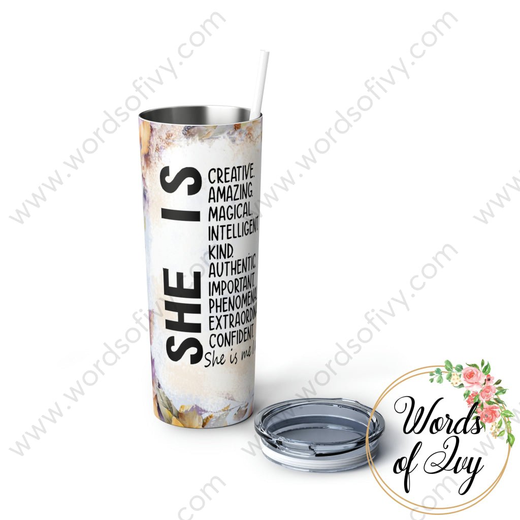 Skinny Steel Tumbler with Straw, 20oz - Purple Floral She is 230505007 | Nauti Life Tees