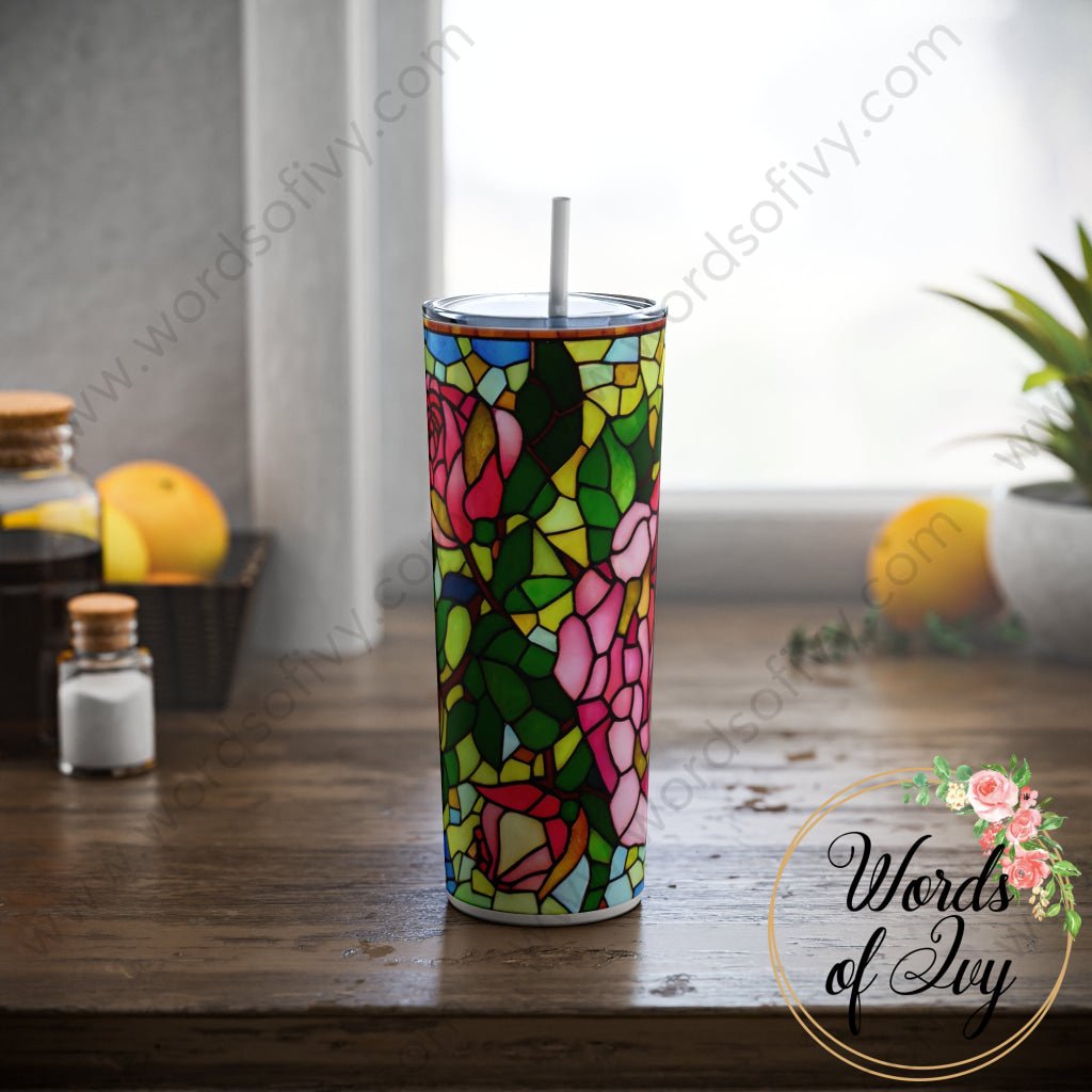 Skinny Steel Tumbler with Straw, 20oz - Stained Glass Rose 230705012 | Nauti Life Tees